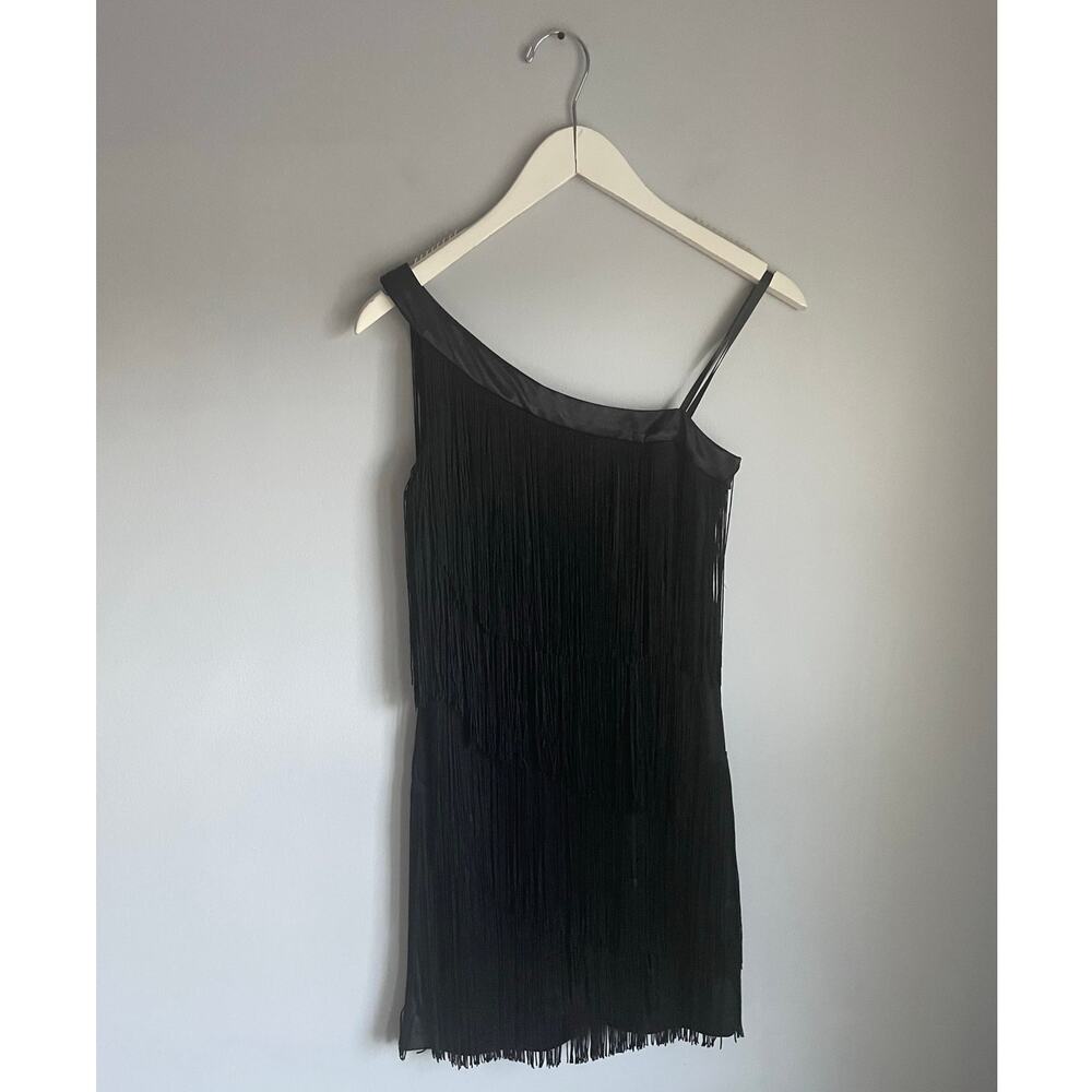Vintage Y2K‎ Aqua Dress One Shoulder Black Fringe Cocktail Party 20s size 4
